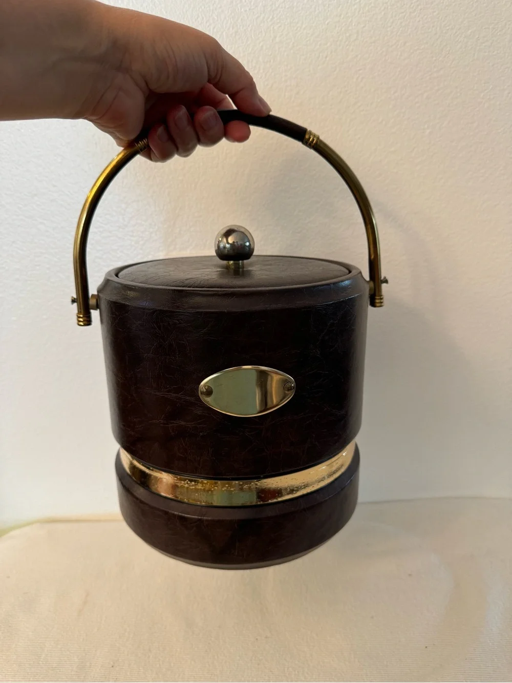 Vintage 1960s 70s Brown Faux Leather Ice Bucket Brass Tone Mid Century